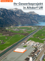 An aerial image of a land for a commercial project in Altdorf UR, featuring a landscape with a river, green fields, mountains, buildings, and a highlighted plot