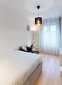 Spacious bedroom with white walls, hardwood floors, large window, pendant light fixture, and decorative accents.
