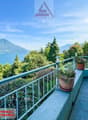 Balcony with a view of the lake and mountains, potted plants, tiled floor, railing