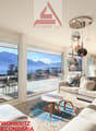 large windows, balcony, dining table, couch, coffee table, rug, chandelier
