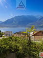 Garden with plants and trees, overlooking a lake and mountains