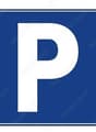 Blue sign with white 'P', indicating parking area.