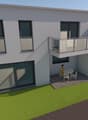 two-story house, white exterior, three balconies, patio with tables and chairs, car parked in driveway