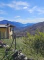 small house, yellow exterior, metal roof, flag on roof, surrounded by greenery, mountains in the background