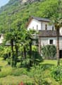 Two-story stone and wood houses with tiled roofs, surrounded by lush greenery including palm trees and other vegetation. The houses are set in a scenic mountainous landscape with a grassy yard in the foreground.