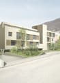 modern building, beige, 4 floors, raised ground floor, lots of windows, garden area, street view