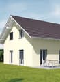 single-family house, brown roof, beige walls, large windows, patio with table and chairs