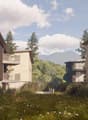modern architectural design, brown facade, large windows, balconies, green trees, garden, mountains in the background