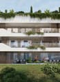 3-story modern apartment building with white exterior, large balconies, and lush greenery on the roof and surrounding the building. The building has a sleek, contemporary design with wooden accents and large windows.