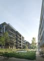 Multi-story building, balconies on each floor, large green area with trees, patio area with tables and chairs