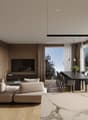 Contemporary design living room with dining area, marble countertop, large windows, modern sofa, dining table and chairs, potted plants