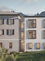 3 story modern apartment building, white exterior, multiple windows, surrounded by greenery, mountains in the background