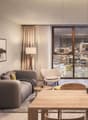 large windows, open floor layout, modern design, living room sofa, center table, floor lamp