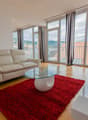 Spacious living room with large windows overlooking a balcony, beige sofa, glass coffee table, and a red shag rug on the hardwood floor.