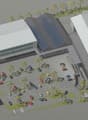 modern office building, parking lot, many cars, solar panels on roof, trees, multiple entrances