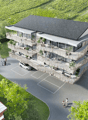 3 story building, balconies, parking lot, terraced building