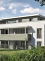 3-story building with balconies, modern design, glass windows, metal fencing