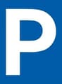 Blue sign with a white 'P' indicating a parking area.