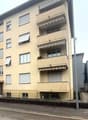 Multistory apartment building, balconies, yellow exterior, white window shutters, greenery