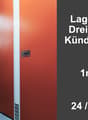 The image shows a storage facility with multiple storage units. The units have red doors and are arranged in rows. The text indicates that the storage units range in size from 1m3 to 64m3, and that the facility has 24/7 access.