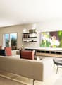 modern interior, wooden flooring, dining table, comfortable sofas, large windows with a balcony, mounted television, wooden shelves
