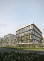Modern office building, glass facade, multiple floors, landscaped area, people walking