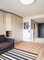 Open-plan studio apartment with hardwood flooring, gray sofa, built-in storage cabinets, and a dining table. The room has a modern and minimalist design with a striped rug and artwork on the wall.