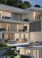 Modern 3-story apartment building, concrete exterior, floor-to-ceiling windows, balconies, green terraces, elegant landscaping