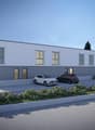 modern 2-story building, white exterior, gray accent, large windows, driveway with three cars parked, surrounding landscaping