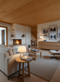 Wohnzimmer mit Cheminée - 31m2 (KI generierte Möblierung)