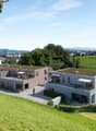 Two-story house, green roof, balcony, garden, green lawn, green field, trees, mountains in the distance