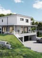 Modern two-story house, white exterior, large windows, raised ground floor, garage, outdoor seating area, landscaped garden