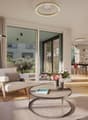 modern living room with wooden floor, large windows, sliding glass doors, balcony, round coffee table, flowers, round ceiling lamp, floor lamp, rug, elephant toy, dining table, chairs