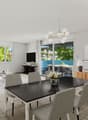 open living room with dining area, large glass windows, terrace, chandelier, wooden floors