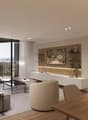 modern living room, large windows, balcony, gray couch, coffee table, armchairs, dining table, TV, shelves, wooden floor