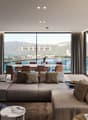 large windows, modern design, large sofa, dining table, view of the lake
