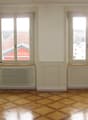 Empty room with wooden parquet flooring, white walls, two windows, two white radiators, door at the end
