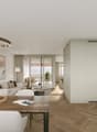 living room with dining table, lamps, picture, sofa, coffee table, chairs, wooden floor