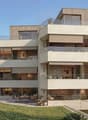 4 story house, raised ground floor, multiple balconies, modern design, large windows, outdoor seating area
