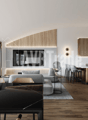 large windows, wooden floor, open concept kitchen, balcony, comfortable seating