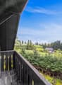 Balcon en bois avec vue sur la campagne et les arbres verdoyants.