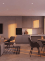 living area, dining table, sofa, TV, modern decor, kitchen