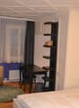 A cozy room with wooden floor, a bed, a desk, a chair, a couch, and a lamp
