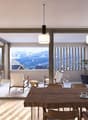 Dining room with view and balcony, wooden table, chairs, plants, hanging lamps, windows, rug, side table with teapot