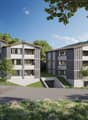 3 story apartment building, 3 units, modern architectural style, grey, garage, parking place