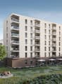 modern apartment building, several floors, multiple balconies, open courtyard, greenery, barbecue, and seating areas with umbrellas