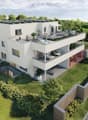 Two-story house with solar panels, raised ground floor, balcony with pool, terrace with furniture, garden with plants, mountain view.