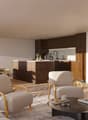 Contemporary interior, neutral palette, wooden flooring, seating area with armchairs, round coffee table, kitchen with island, dining table with chairs, mounted flat screen TV