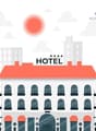 4-story hotel building with arched windows, red roof, and parking spaces in front