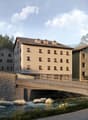 Mountain view, bridge over the river, several buildings, stone wall, rocks, lush greenery